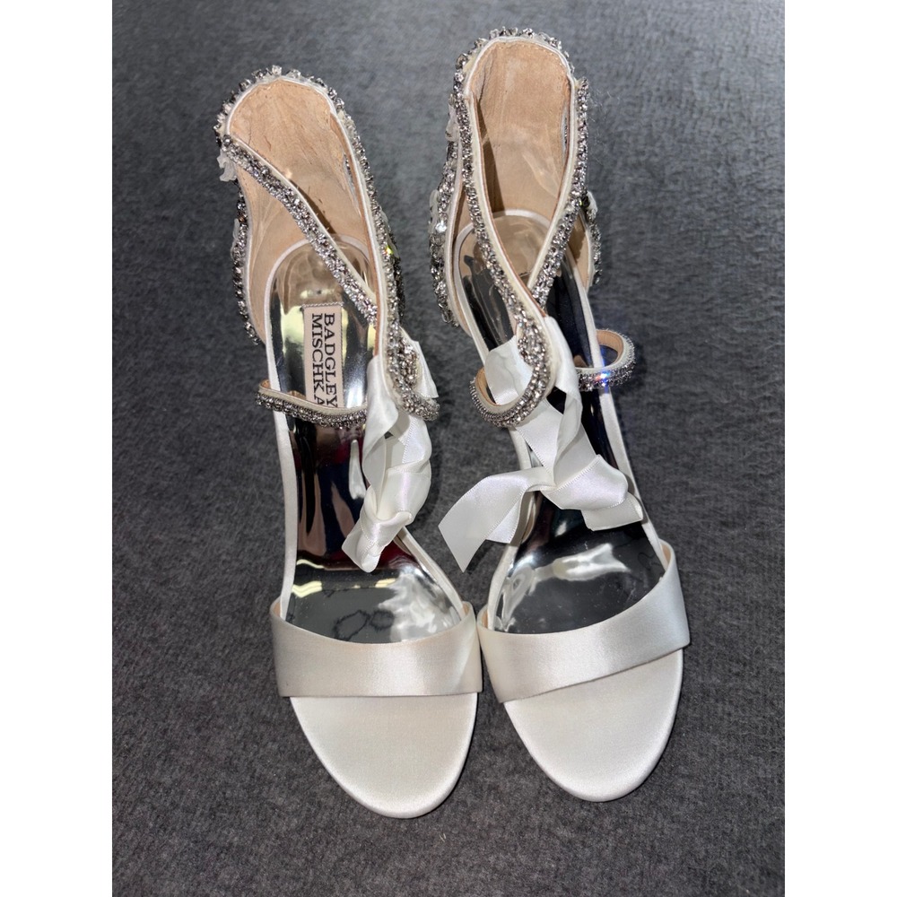 Badgley Mischka Ivory Satin Crystal Embellished Ribbon Tie Stiletto Sandals 8